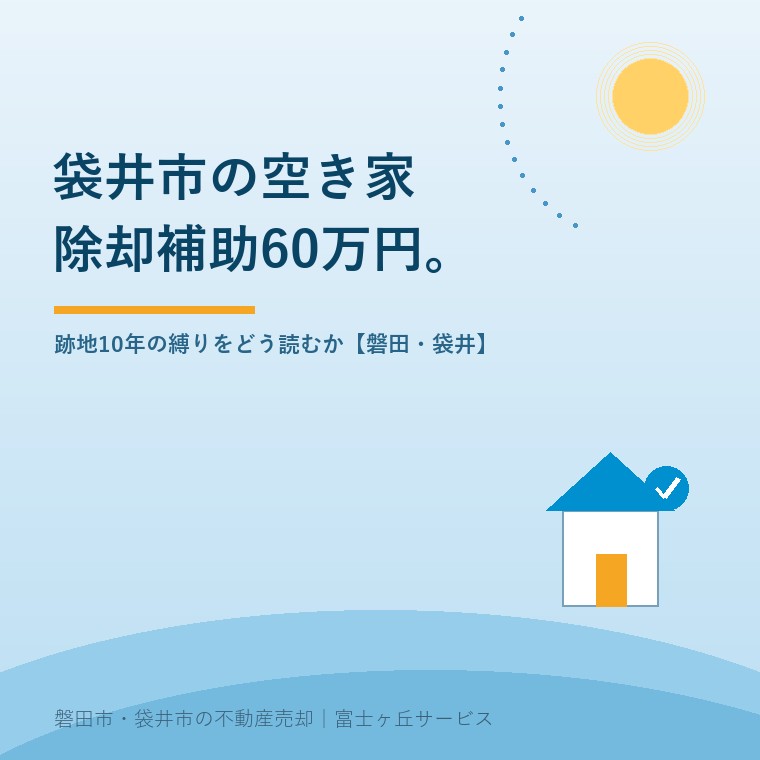 袋井市の空き家跡地利用のための空き家除却支援事業は補助対象経費の5分の4以内で上限60万円。跡地を10年以上継続して活用することと自治会の合意が要件であることを示す表紙
