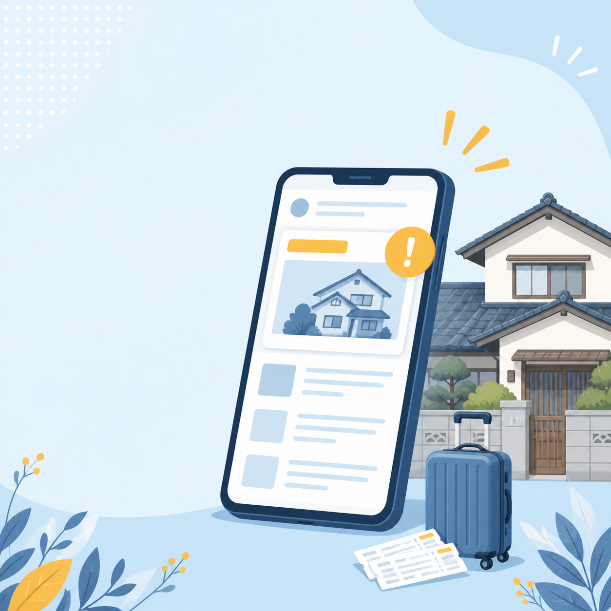 ニュース画面を表示したスマートフォンと実家、遠距離の移動を表すスーツケースを描いたイラスト