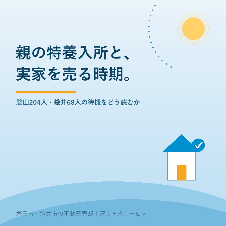 親の特別養護老人ホームへの入所が具体化したとき、実家をいつ処分するかを考えるための記事の表紙。静岡県が公表した令和7年4月1日時点の入居希望者数が磐田市204人・袋井市68人であること、県全体では5年連続で減っていることを手がかりに、入所日と売却日を切り離して考える見方を示している