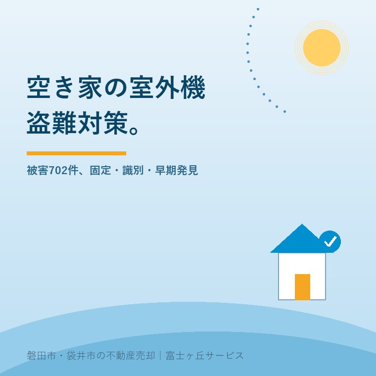 人目の少ない空き家の外壁脇に置かれたエアコン室外機と、固定・識別・定期確認による盗難対策を示す記事表紙