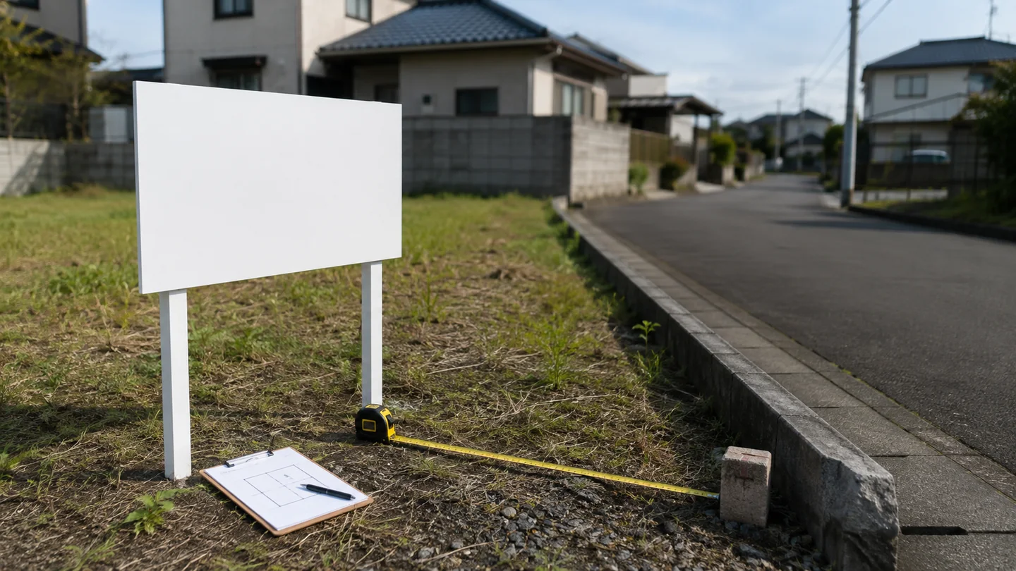 磐田市内を想定した一般的な土地で、売却看板を敷地境界の内側に置き、巻尺、境界標、配置図で設置位置を確認する場面を表した写真調のイメージ