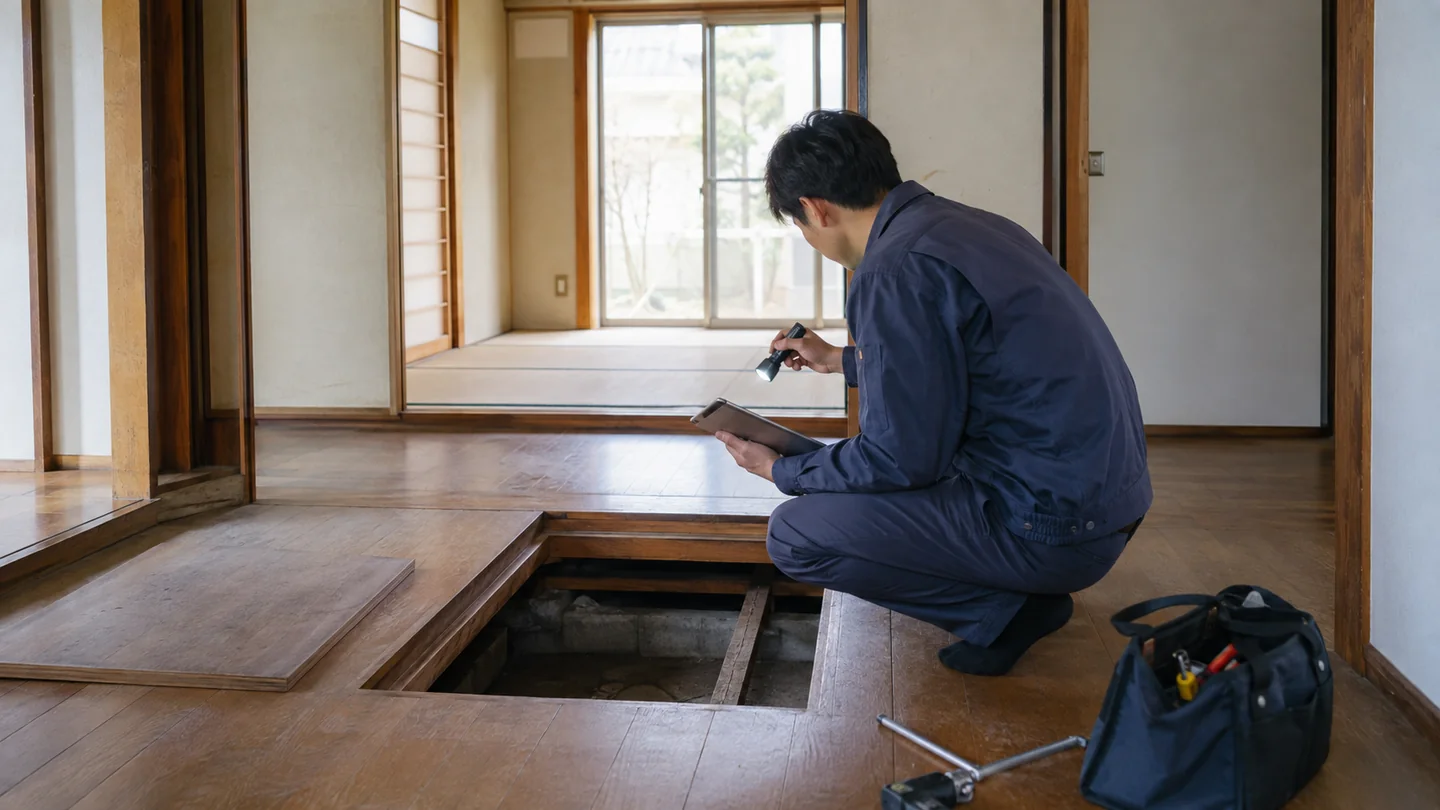 空き家になった木造住宅で建築士が床下点検口を照らし、タブレットへ状態を記録する写真調のイメージ