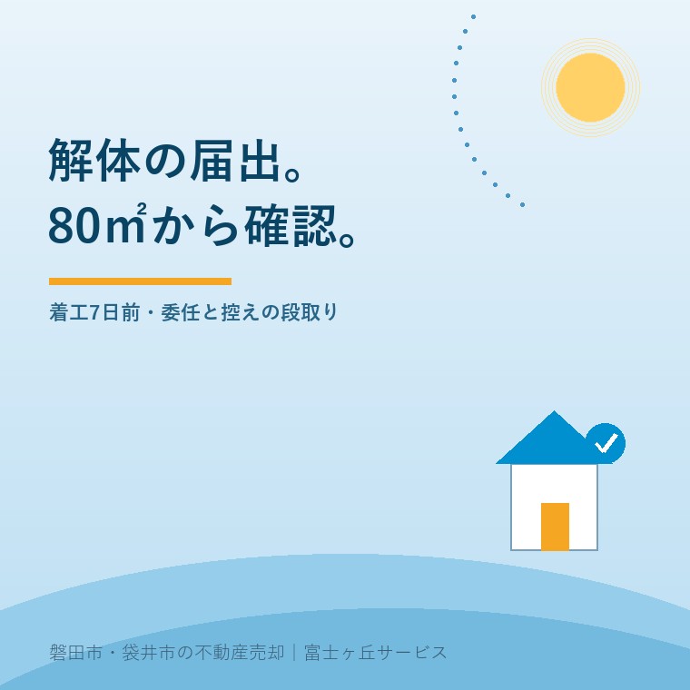 建物解体の床面積80㎡以上と着工7日前の届出を確認し、業者への委任と控えの受取りを整理する表紙