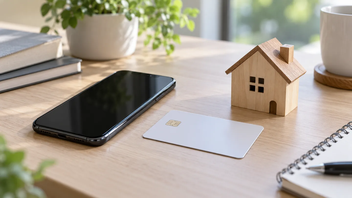 画面を消したスマートフォンと個人情報のない伏せたカード、家の模型で、不動産売却の対面本人確認を表したイメージ
