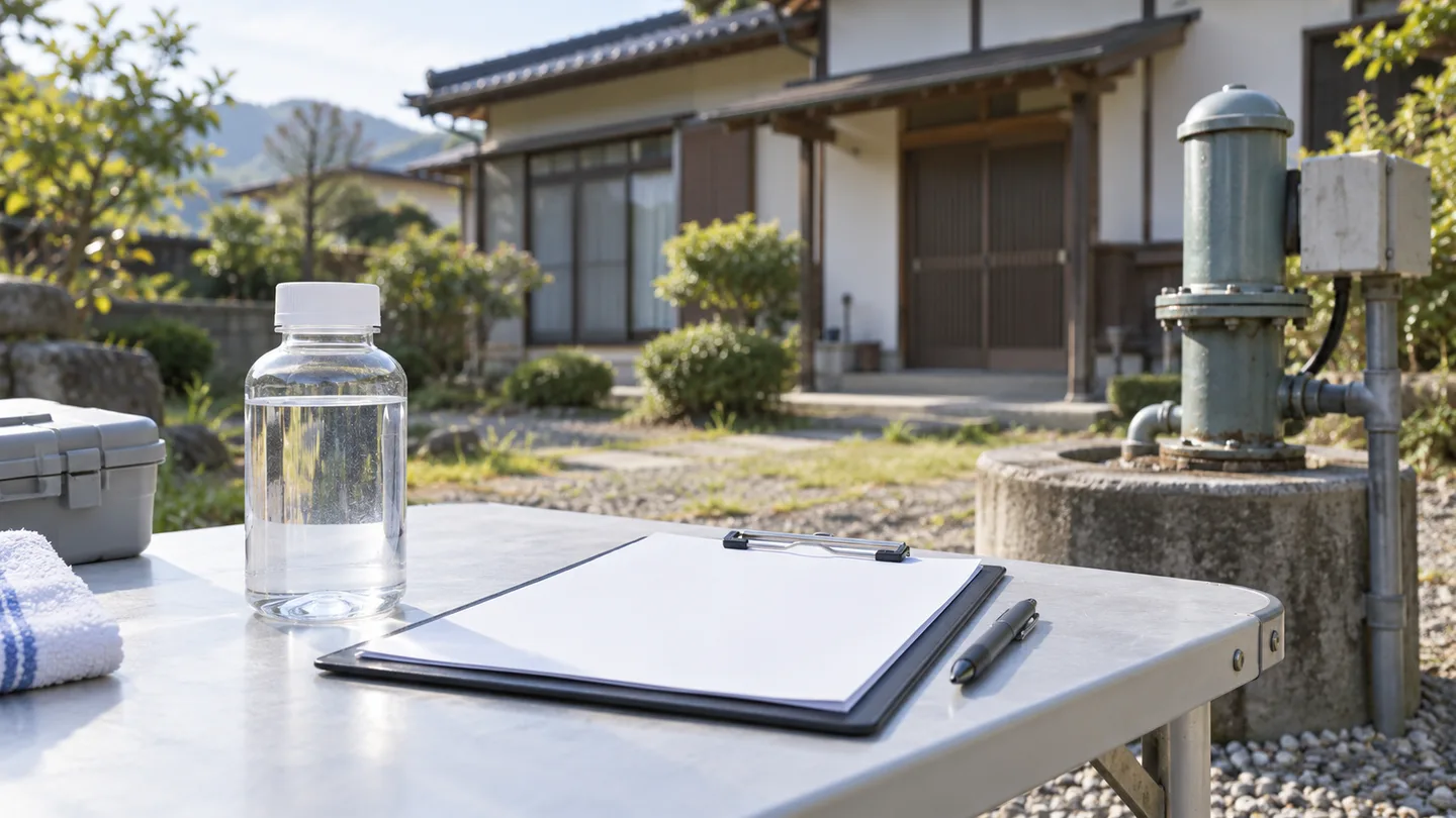 採水用の透明な容器と記録用紙を井戸ポンプのそばに置き、売却前の水質確認の準備を表したイメージ