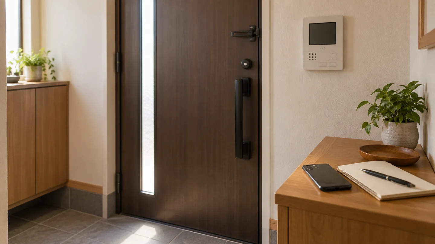 閉じた住宅の玄関扉とインターホン、裏返した電話、白紙のノートを配し、訪問を許さず連絡を記録する落ち着いた対応のイメージ