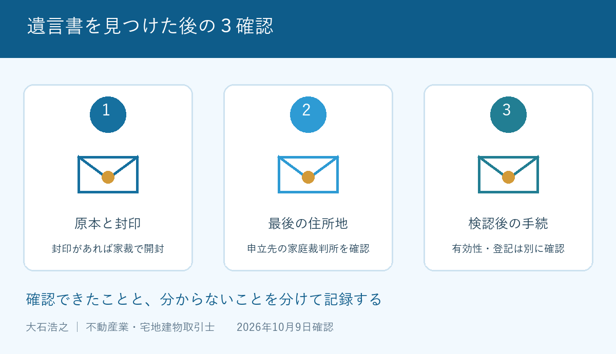 遺言書を見つけた後の３確認。原本と封印。封印があれば家裁で開封。最後の住所地。申立先の家庭裁判所を確認。検認後の手続。有効性・登記は別に確認。確認できた事項と未確認事項を分けて整理する説明図