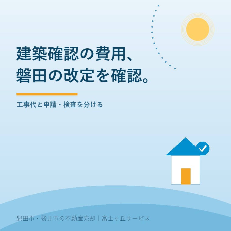 磐田市の建築確認手数料、2026年改定。工事代と申請・検査を分けるという確認の順序を伝える青色の表紙。