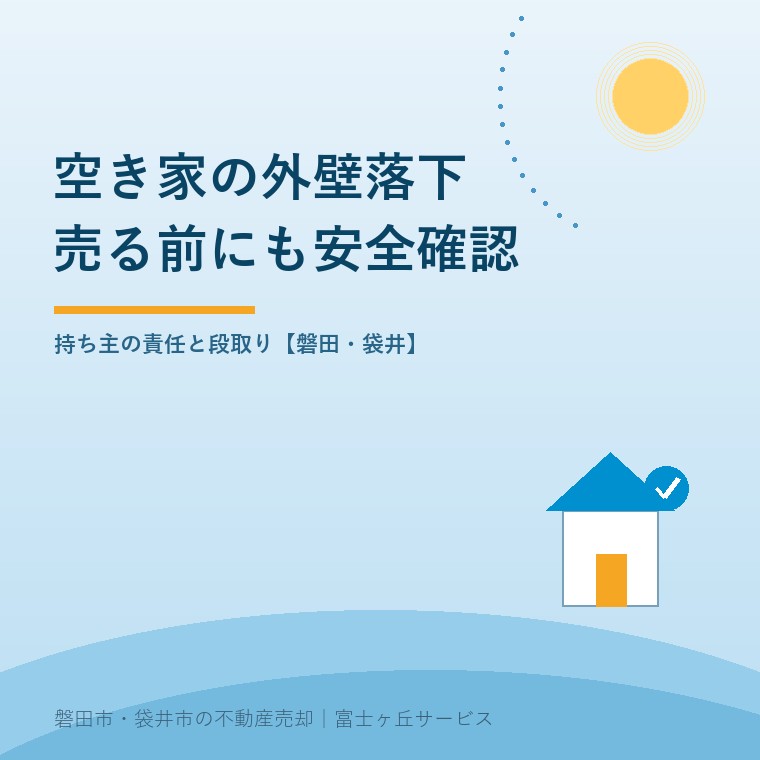 空き家の外壁落下|磐田の持ち主が確認する責任。持ち主の責任と段取り【磐田・袋井】を入口として、持ち主が売却前に確かめる内容を示す青色の表紙。