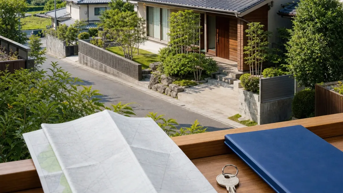 磐田市豊岡地区の実家・空き家｜坂・擁壁・調整区域を事前確認について家族が資料を確認し、次の順番を話し合う写真風イメージ