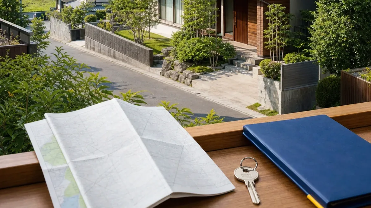 森町の実家・空き家相談｜農地・山林・古家を一緒に整理する入口について家族が資料を確認し、次の順番を話し合う写真風イメージ
