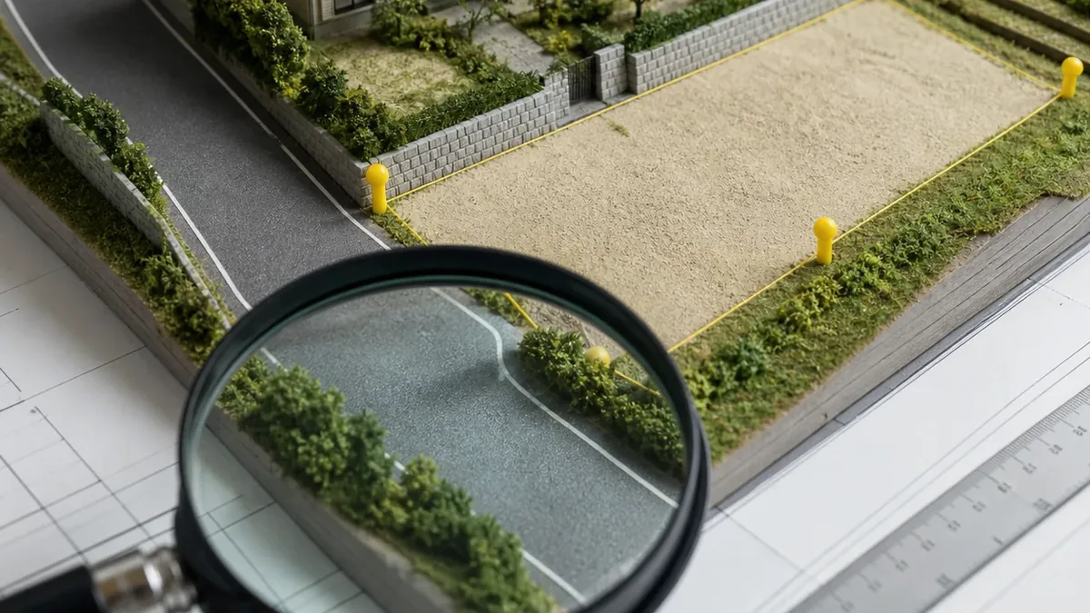 擁壁のある実家を売る前に｜古い造成地で確認する図面と現地項目について家族が資料を確認し、次の順番を話し合う写真風イメージ